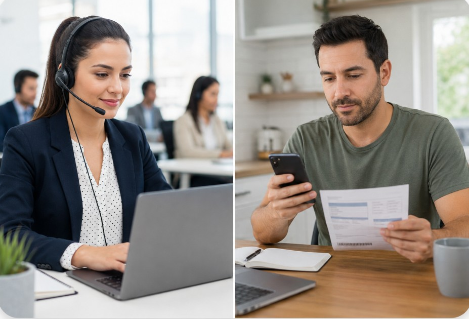 Ejecutiva de cobranzas y cliente regularizando deuda con avisos y enlaces de pago por SMS con Telvoice