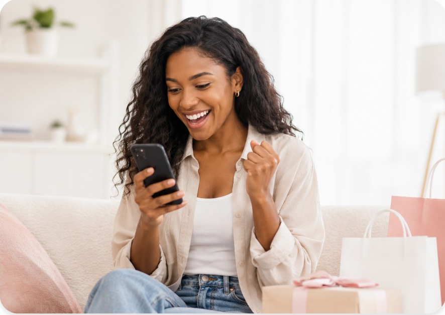 Compradora online celebrando compra exitosa con notificación SMS de oferta y cupón de descuento con Telvoice