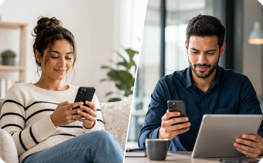 Usuarios validando acceso con códigos OTP y alertas de seguridad por SMS en fintech y aplicaciones con Telvoice