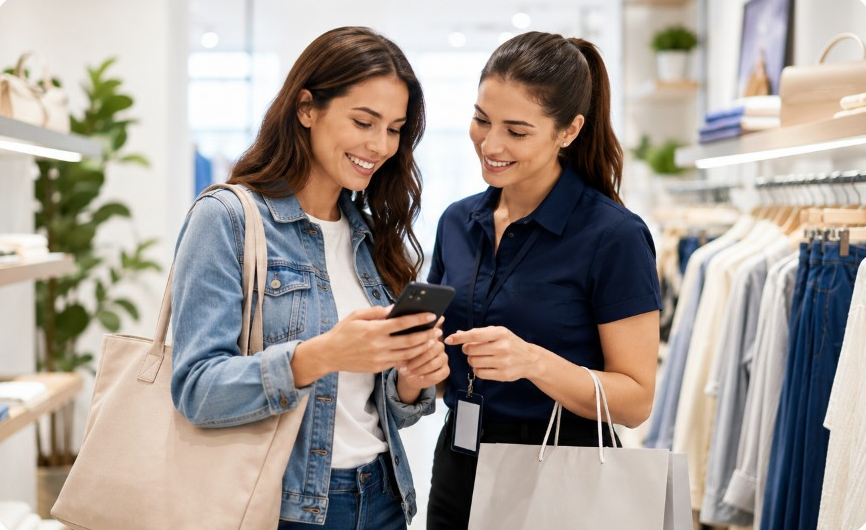 Asesora y cliente en tienda retail revisando compra y notificación SMS en el celular con Telvoice