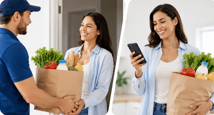 Repartidor entregando bolsa de compras y cliente revisando pedido en el celular; avisos SMS con Telvoice