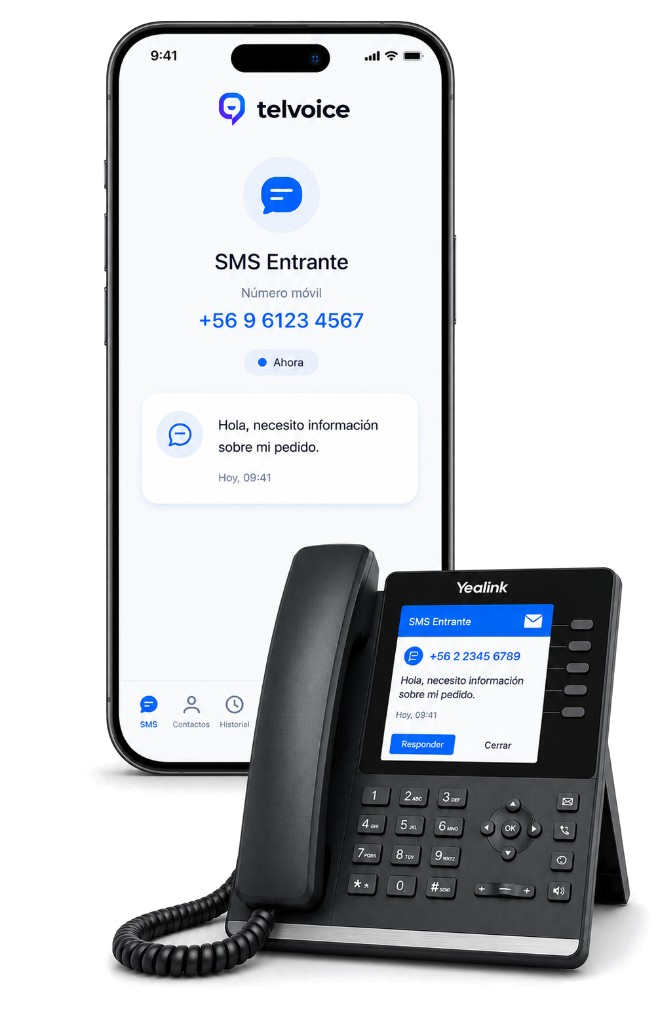 Teléfono móvil y fijo Telvoice recibiendo SMS entrantes