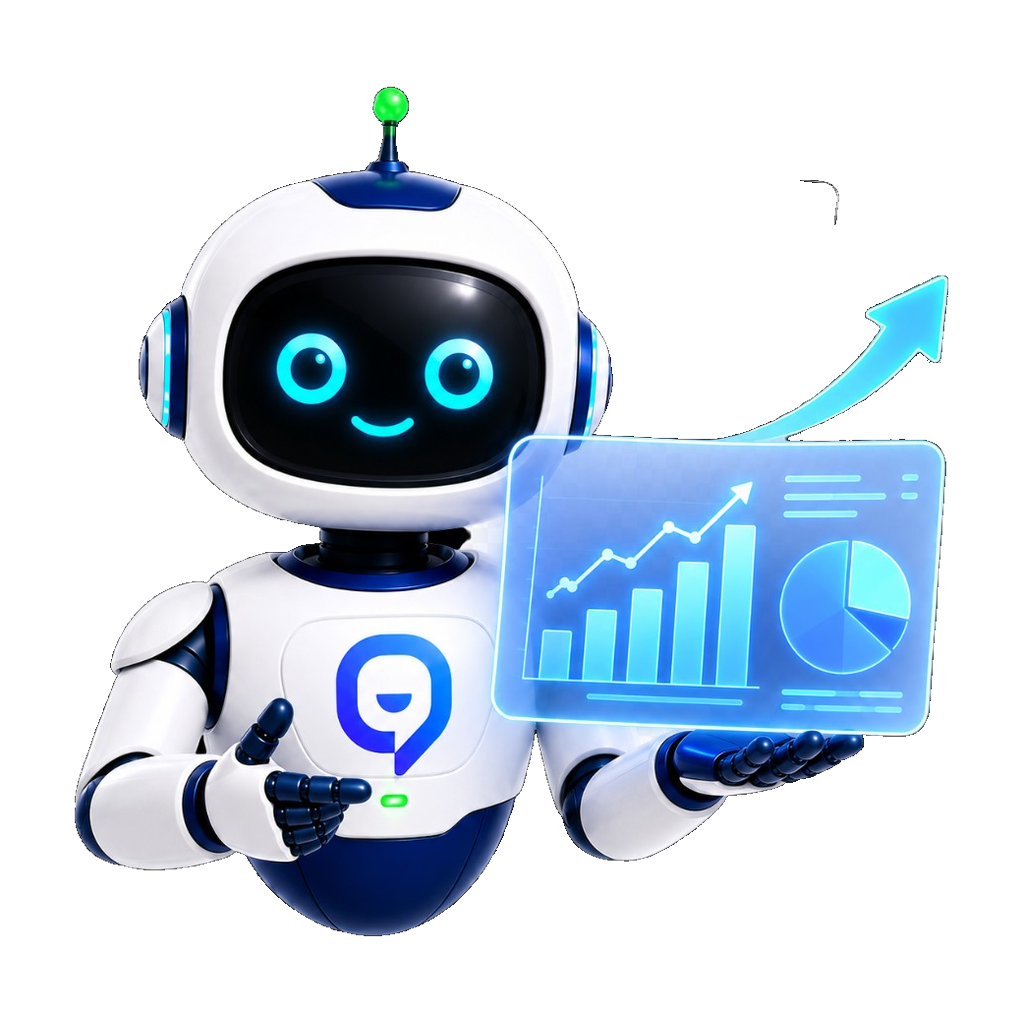 Empresas, fintech y growth: robot Telvoice con panel de métricas y crecimiento